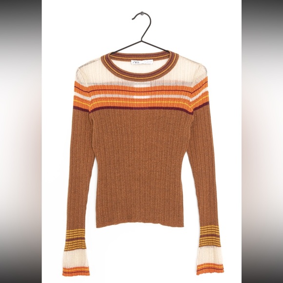 Zara Women’s Brown & Orange & Cream Sparkly Striped Bell Sleeve Knit Sweater - Picture 3 of 13